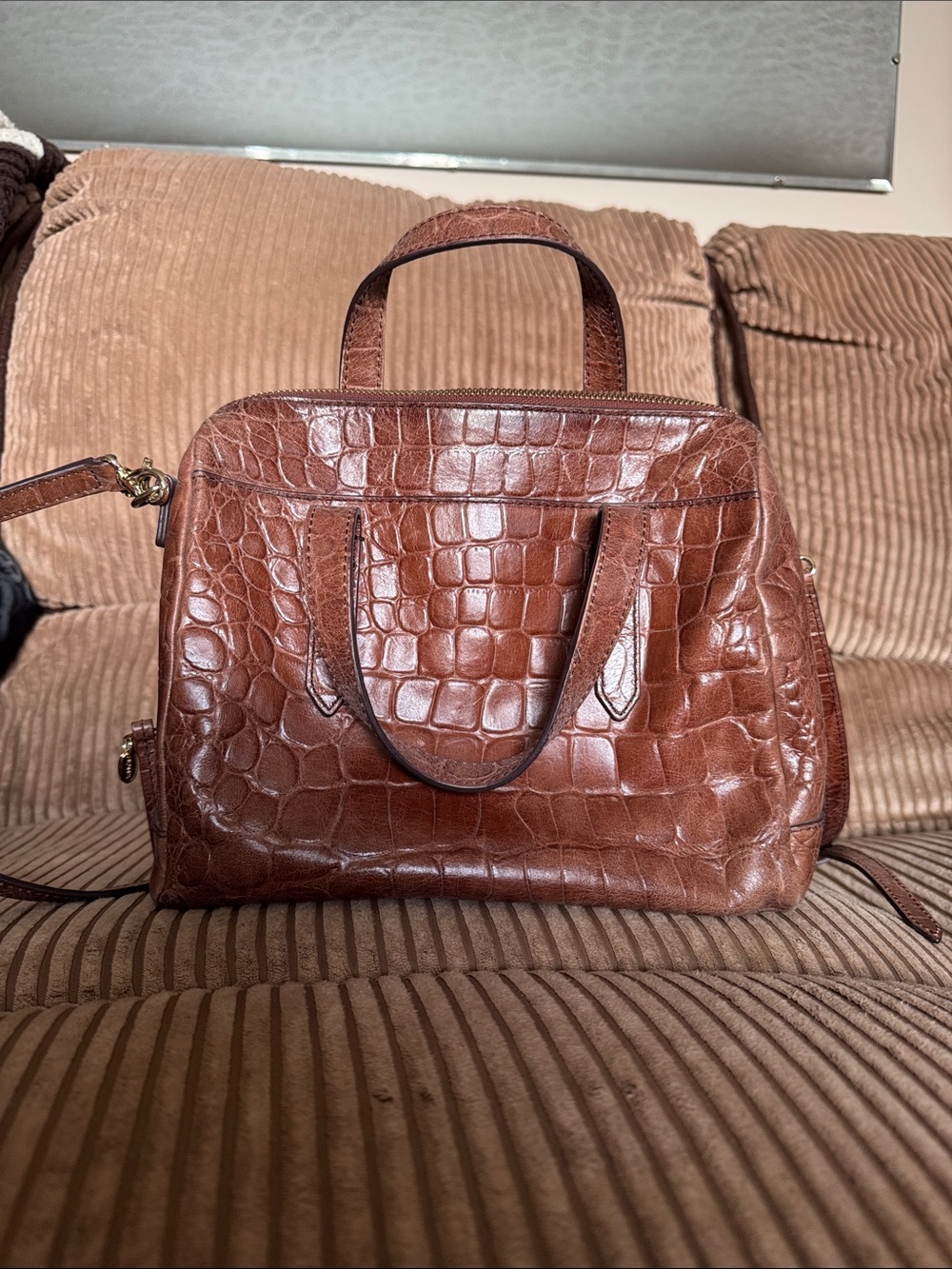 Fossil Crocodile-Embossed Brown Leather Satchel